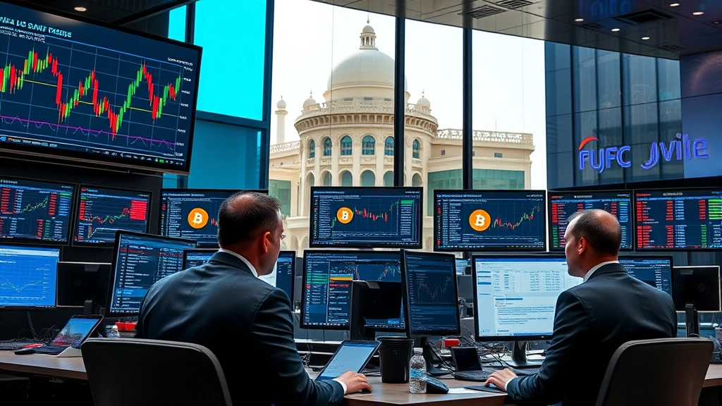 Modern cryptocurrency trading floor with multiple screens displaying Bitcoin price charts and blockchain data, traders in business attire analyzing digital markets, professional financial environment with MENA regional architecture visible in background