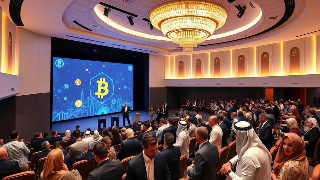 Modern conference auditorium with blockchain-themed stage design, cryptocurrency symbols, and diverse attendees networking in professional business attire, Middle Eastern architectural elements visible
