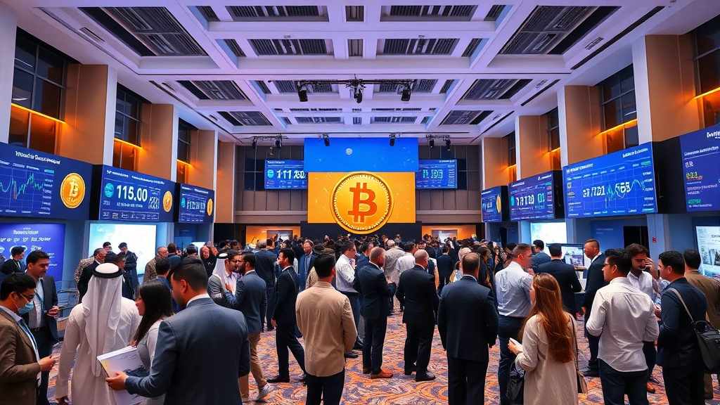 Modern cryptocurrency conference hall with diverse professionals networking, Bitcoin and blockchain visual elements, MENA architectural styles, professional business attire, digital screens displaying market data