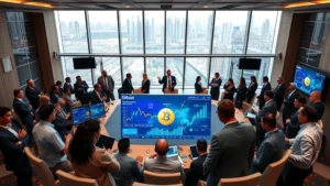 Modern conference hall with diverse professionals networking around cryptocurrency and blockchain displays, UAE Dubai skyline visible through windows, professional business attire, digital screens showing Bitcoin charts and blockchain networks