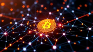 Bitcoin blockchain network visualization with interconnected digital nodes, glowing data streams, and modern fintech aesthetic representing cryptocurrency technology infrastructure