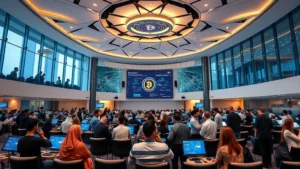 Modern conference auditorium in Dubai with diverse professionals networking around Bitcoin and blockchain displays, sleek glass architecture with middle eastern geometric patterns