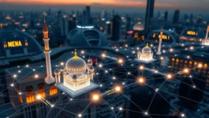 Futuristic blockchain visualization with Arabic architecture elements, glowing digital nodes representing MENA region, interconnected network pathways, modern financial district skyline in background, photorealistic rendering, no text or labels
