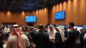 Professional conference hall with diverse business professionals discussing blockchain technology, modern auditorium setting with digital displays showing cryptocurrency data, Middle Eastern attendees in business attire networking around cryptocurrency conference booths