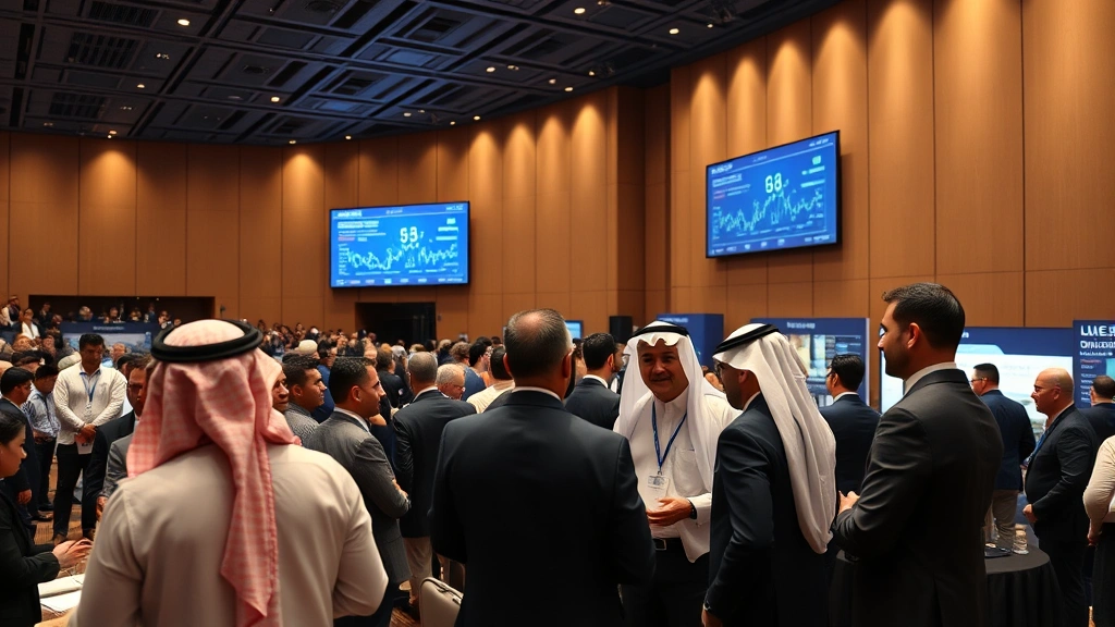 Professional conference hall with diverse business professionals discussing blockchain technology, modern auditorium setting with digital displays showing cryptocurrency data, Middle Eastern attendees in business attire networking around cryptocurrency conference booths