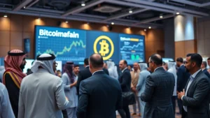 Modern conference hall with diverse professionals from Middle Eastern and North African countries networking around Bitcoin and blockchain display boards, contemporary business attire, professional lighting, high-resolution photography