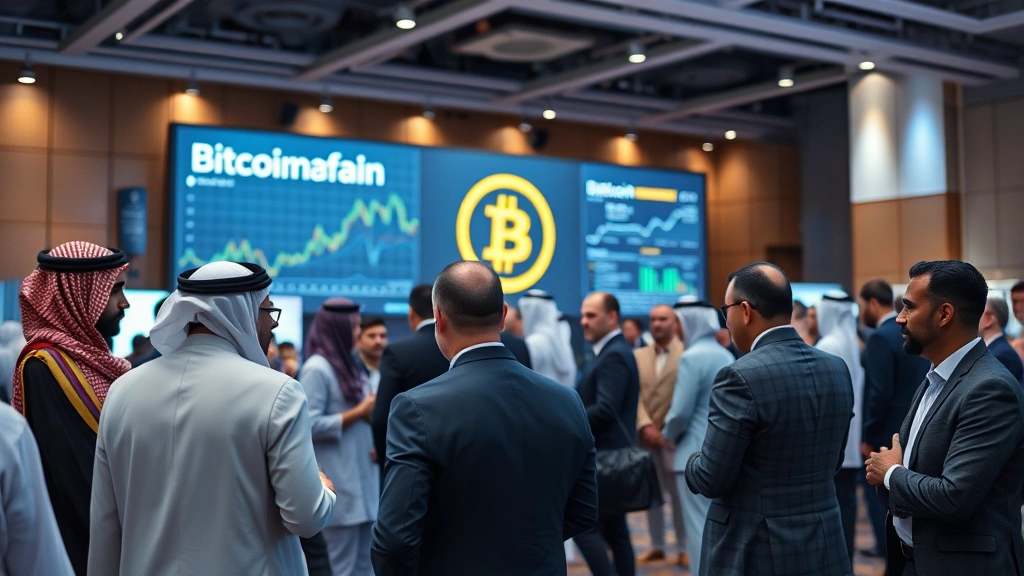 Modern conference hall with diverse professionals from Middle Eastern and North African countries networking around Bitcoin and blockchain display boards, contemporary business attire, professional lighting, high-resolution photography