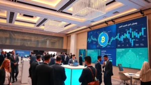 Modern conference hall with professional attendees in business attire networking around cryptocurrency and blockchain technology displays, Middle Eastern architecture elements, contemporary office setting with digital screens