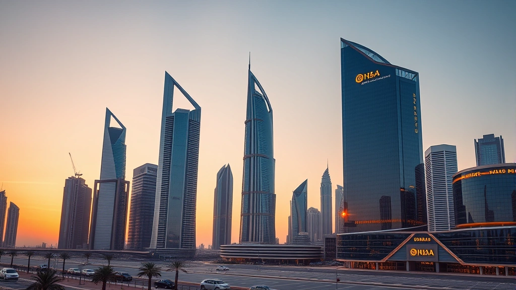 Photorealistic image of modern Dubai skyline with cryptocurrency exchange building architecture, glass and steel design, sunset lighting, financial district atmosphere, no text or logos