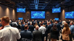 Modern conference hall with diverse professionals in business attire networking around cryptocurrency and blockchain discussion panels, sophisticated digital displays showing blockchain networks, professional photography