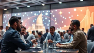 Photorealistic image of diverse professionals and developers collaborating at a modern cryptocurrency conference in Dubai, with blockchain network visualizations in the background, no text or charts visible