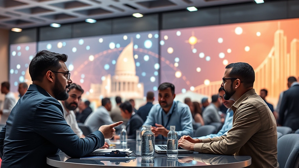 Photorealistic image of diverse professionals and developers collaborating at a modern cryptocurrency conference in Dubai, with blockchain network visualizations in the background, no text or charts visible