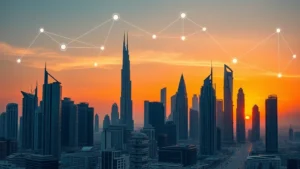 Photorealistic cityscape of Dubai skyline at sunset with modern skyscrapers and digital network nodes floating above, representing blockchain and cryptocurrency hub in Middle East, professional financial district atmosphere