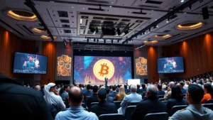 Professional cryptocurrency conference venue with diverse attendees from Middle East and North Africa networking, modern auditorium with Bitcoin and blockchain-themed stage design, sophisticated business environment