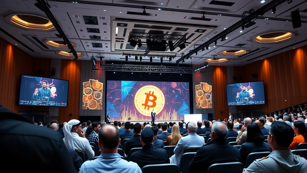 Professional cryptocurrency conference venue with diverse attendees from Middle East and North Africa networking, modern auditorium with Bitcoin and blockchain-themed stage design, sophisticated business environment