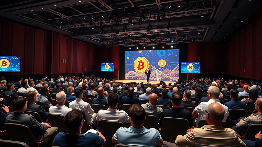 Large conference hall filled with professional attendees sitting in modern auditorium seats, watching presenter on stage with Bitcoin and blockchain-themed backdrop, professional lighting and digital screens visible, diverse international audience