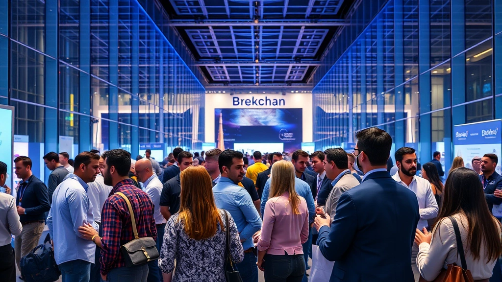 Photorealistic image of diverse professionals networking at a modern blockchain conference in Dubai, with glass architecture and blue ambient lighting, no text visible