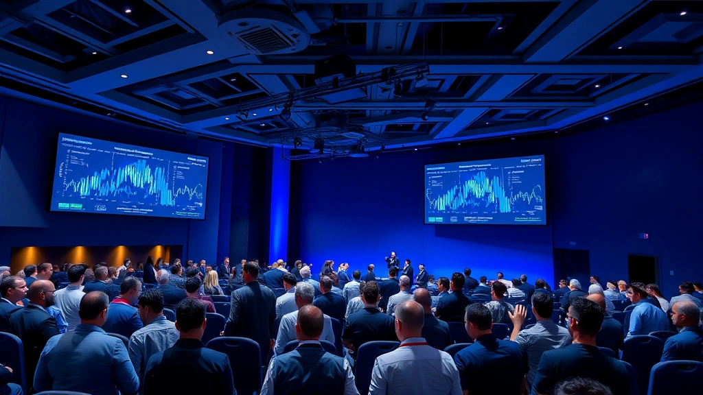 Professional cryptocurrency conference venue with modern stage setup, diverse attendees in business attire networking, digital screens displaying blockchain data visualization, Middle Eastern and North African participants engaged in discussion, contemporary auditorium with blue and tech lighting