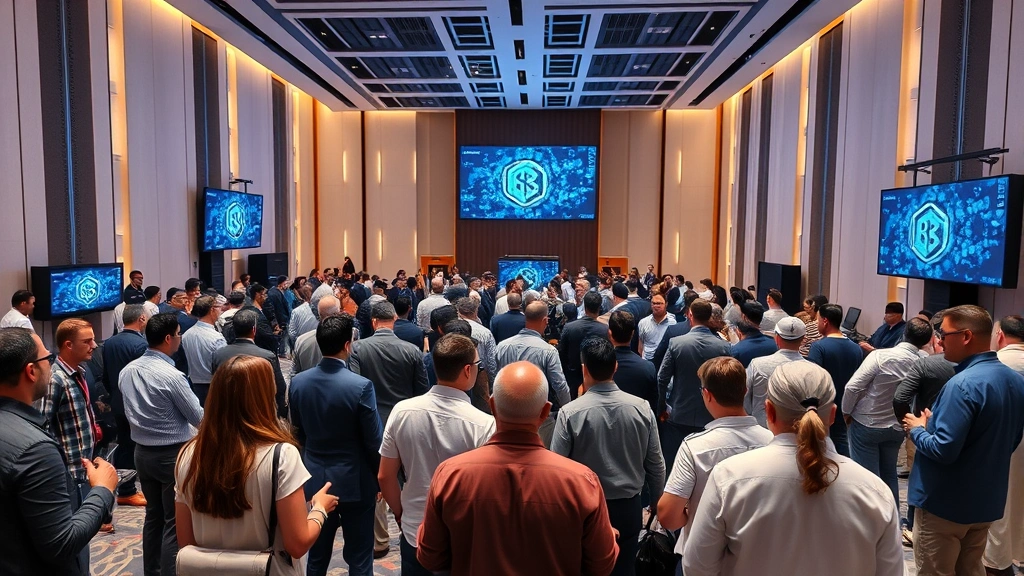 Modern conference hall with diverse professionals networking around cryptocurrency and blockchain technology displays, Middle Eastern architecture, professional attire, digital screens showing blockchain visualizations