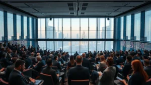 Modern conference auditorium with hundreds of professionals in business attire networking, holding tablets and phones, glass and steel architecture, Middle Eastern city skyline visible through windows, professional lighting, daytime