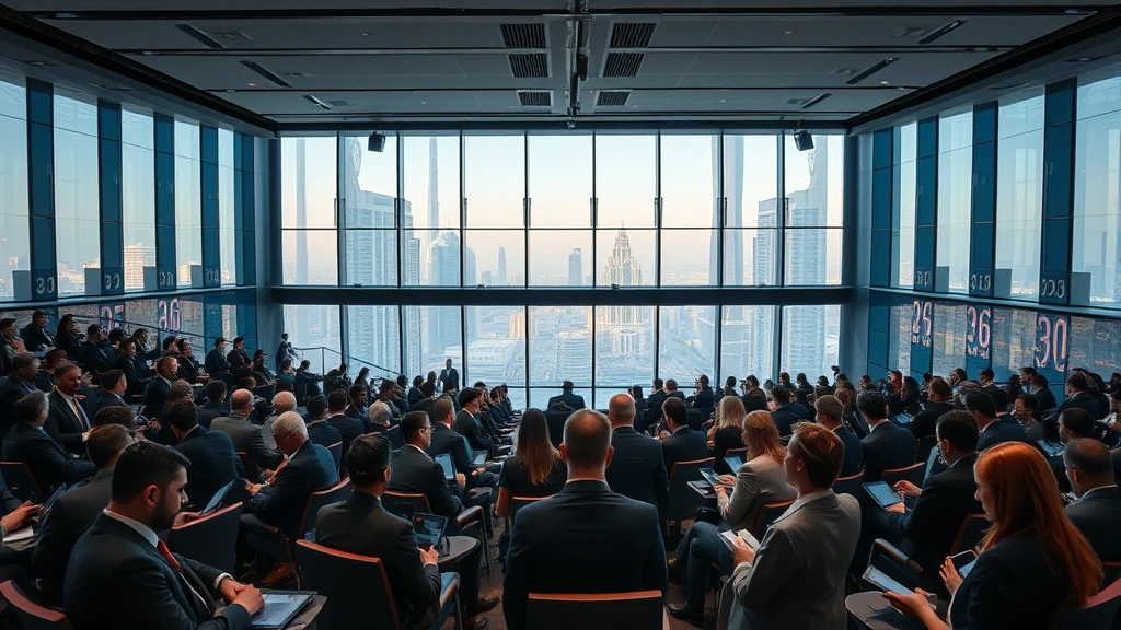 Modern conference auditorium with hundreds of professionals in business attire networking, holding tablets and phones, glass and steel architecture, Middle Eastern city skyline visible through windows, professional lighting, daytime