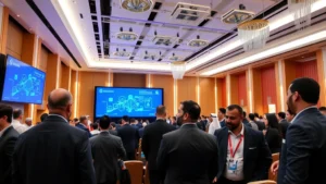 Professional conference setting with diverse attendees networking, modern auditorium with digital screens displaying blockchain diagrams, Middle Eastern architecture blended with contemporary crypto environment, people in business attire discussing cryptocurrency and blockchain technology