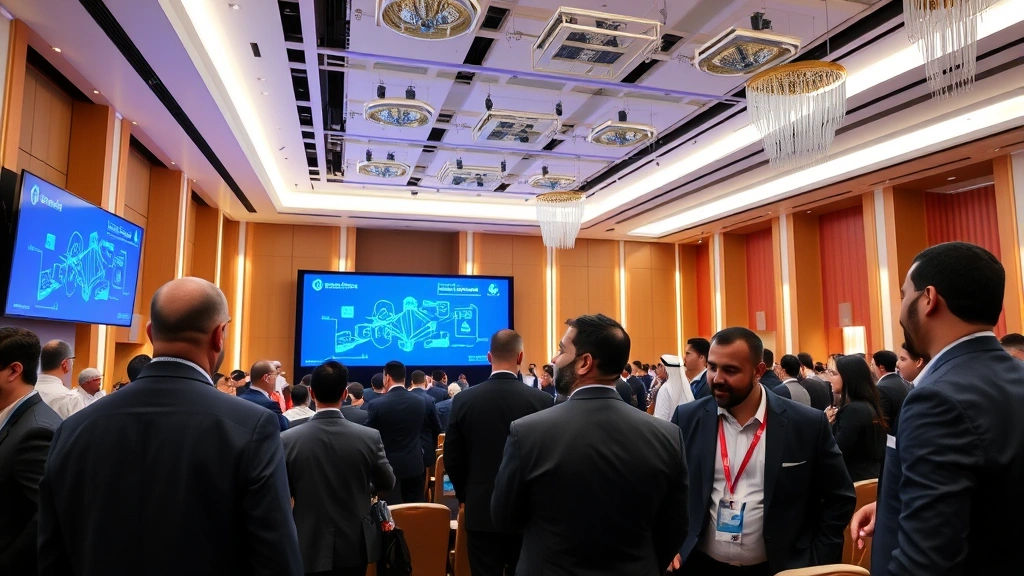 Professional conference setting with diverse attendees networking, modern auditorium with digital screens displaying blockchain diagrams, Middle Eastern architecture blended with contemporary crypto environment, people in business attire discussing cryptocurrency and blockchain technology