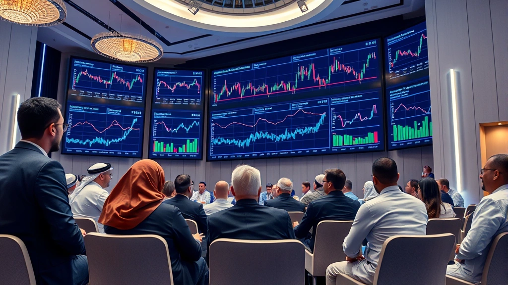 Modern conference hall with diverse professionals discussing blockchain technology, digital screens displaying cryptocurrency charts in background, professional business attire, Middle Eastern architecture elements