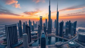 Aerial view of Dubai's modern skyline with futuristic architecture at sunset, reflecting financial technology and innovation in the Middle East region