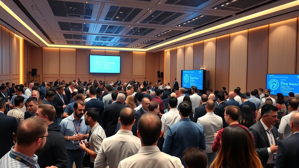 Modern cryptocurrency conference hall filled with diverse professionals networking, blockchain presentation screens visible in background, professional business setting with digital displays