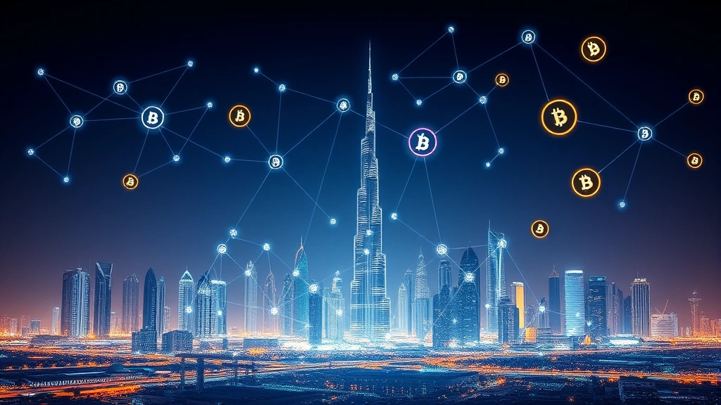 Dubai skyline with futuristic blockchain network visualization overlaid, digital nodes and connections floating above cityscape, cryptocurrency symbols in holographic style, representing MENA region's fintech innovation hub