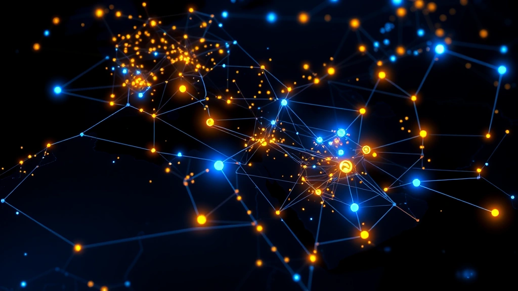 Blockchain network visualization showing interconnected nodes with digital transactions flowing across a MENA region map, glowing blue and gold nodes representing financial hubs