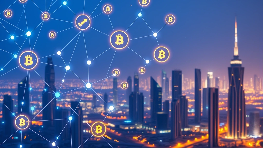 Futuristic blockchain technology visualization with interconnected nodes, cryptocurrency symbols floating, digital finance concept, Middle Eastern cityscape background with modern skyscrapers, glowing blue and gold colors