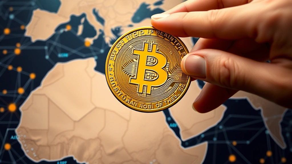 Close-up of hands holding Bitcoin physical coin over regional map of Middle East and North Africa, modern financial technology background with circuit patterns and digital networks