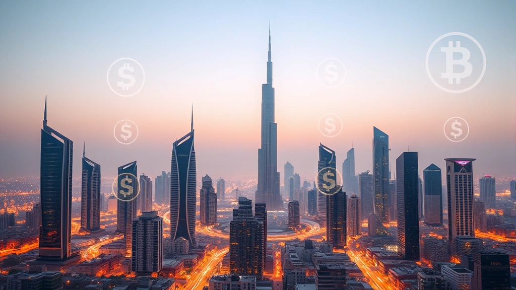 Middle Eastern financial district skyline with digital currency symbols and blockchain technology overlays, representing institutional cryptocurrency adoption in MENA region