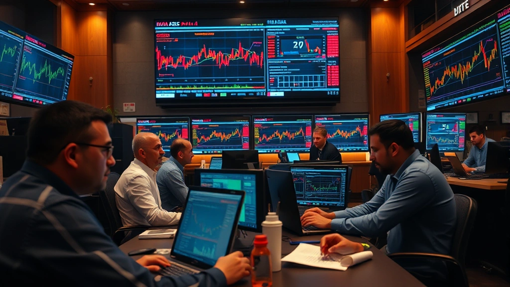 Trading floor energy with MENA region traders analyzing cryptocurrency charts on multiple screens, traditional middle eastern office setting blended with fintech aesthetics