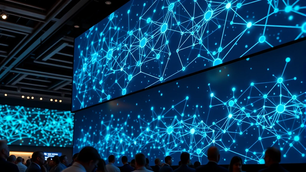 Close-up of blockchain network visualization on large display screens at tech conference, interconnected nodes glowing with blue and green light, abstract digital data patterns flowing, sophisticated technology showcase environment