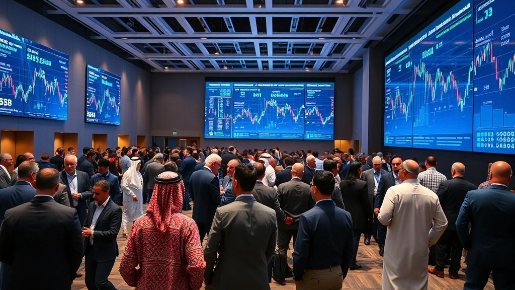 Professional cryptocurrency traders and regulators in modern conference hall with large digital displays showing blockchain networks, diverse Middle Eastern and North African attendees in business attire networking, contemporary venue setting, photorealistic
