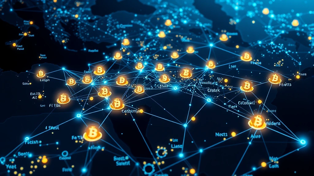 Futuristic digital landscape depicting blockchain network nodes interconnected across Middle East region, glowing cryptocurrency symbols and data streams flowing between major cities, abstract representation of digital financial infrastructure and distributed ledger technology