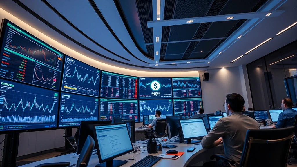 Sleek cryptocurrency trading floor with multiple digital screens displaying blockchain data, professional traders monitoring markets, minimalist modern interior design, focused work environment, professional photography