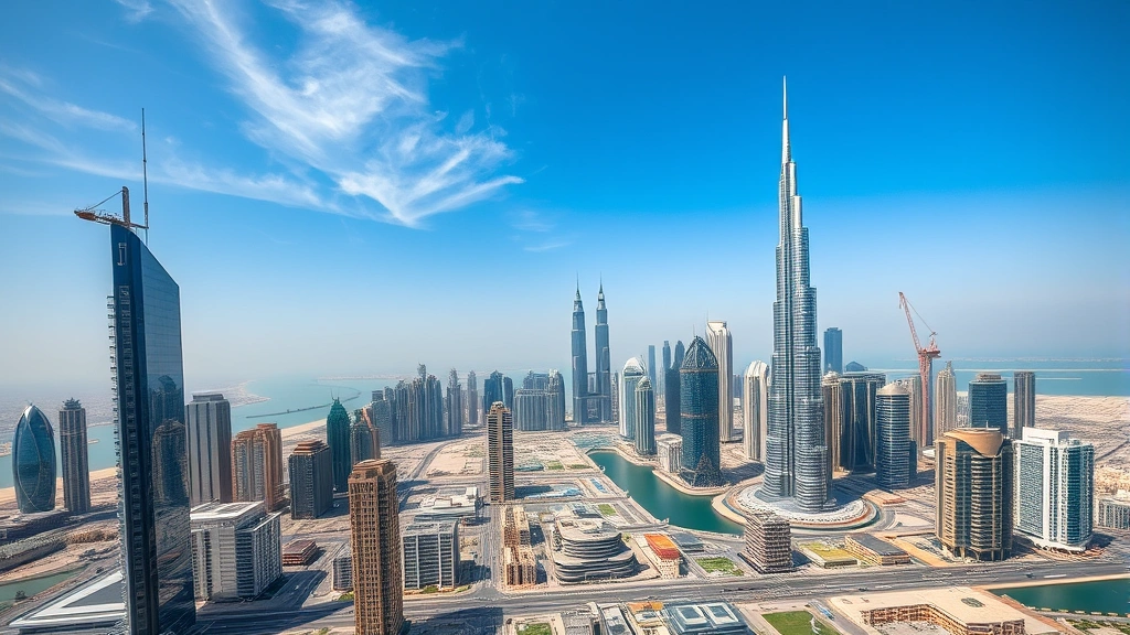 Aerial view of Dubai skyline featuring modern skyscrapers and financial district, representing MENA cryptocurrency hub development and institutional finance integration with digital assets