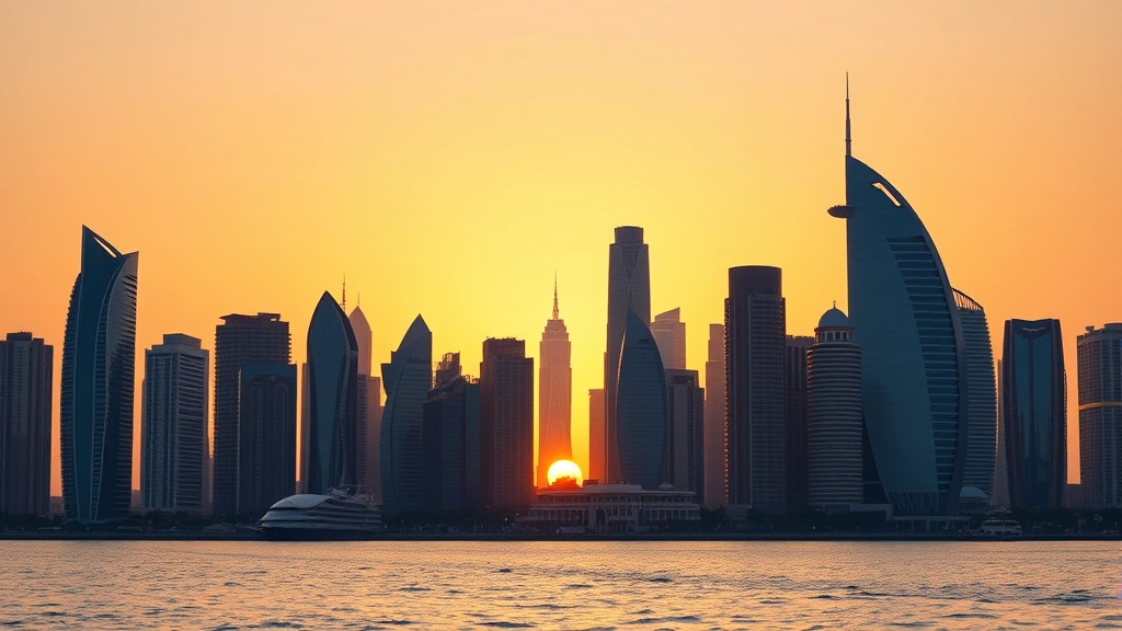 Photorealistic photograph of Middle Eastern financial district skyline at sunset with modern buildings, symbolizing economic growth and fintech innovation in MENA region, no visible text
