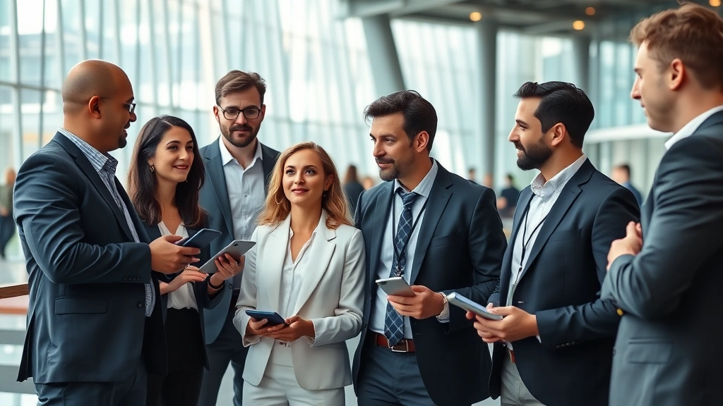 Diverse group of professional investors and entrepreneurs in business attire networking at upscale conference venue, holding digital devices, discussing cryptocurrency markets, modern glass and steel architecture in background
