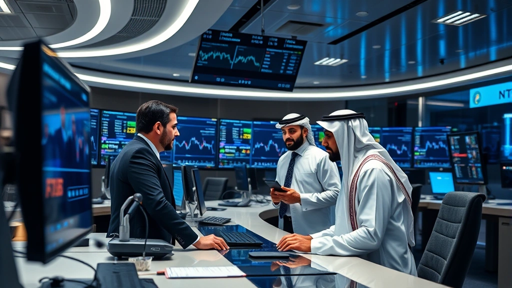 Photorealistic photograph of a sleek cryptocurrency trading floor with multiple monitors displaying blockchain data, Middle Eastern traders in business attire collaborating, professional setting