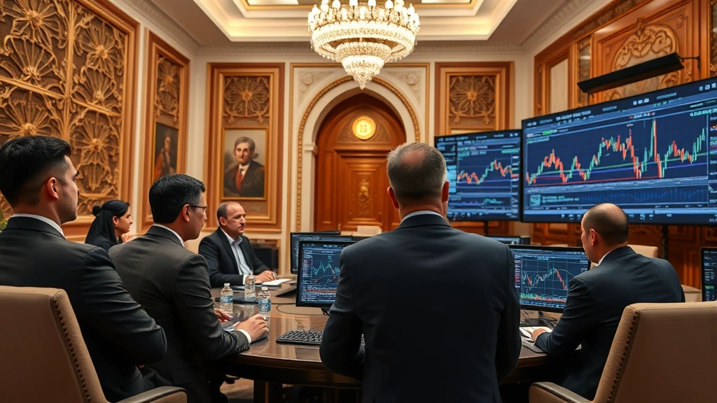 Institutional investors and financial professionals in formal meeting room examining Bitcoin charts on large displays, sophisticated trading terminals, Arabian architectural elements visible in background, professional cryptocurrency investment discussion environment