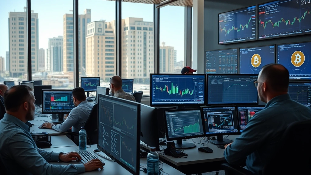 Cryptocurrency exchange trading floor with multiple traders monitoring Bitcoin and blockchain data on screens, modern office environment, Middle Eastern business district visible through windows, professional atmosphere
