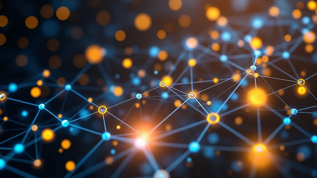 Blockchain network visualization showing interconnected nodes and data flows in blues and golds, cryptocurrency symbols floating in digital space, holographic appearance, no text or numbers, abstract tech aesthetic