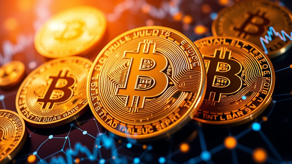 Close-up of Bitcoin coins and blockchain network visualization, digital currency symbols floating in abstract space, high-tech financial trading interface with cryptocurrency charts, futuristic digital assets representing MENA region innovation in fintech