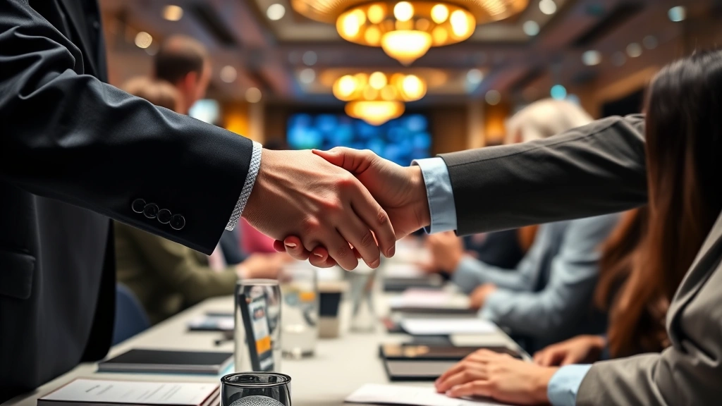 Close-up of hands exchanging business cards at a cryptocurrency conference, Bitcoin symbols and blockchain network visualizations visible in soft focus background, diverse attendees in professional setting, warm modern lighting