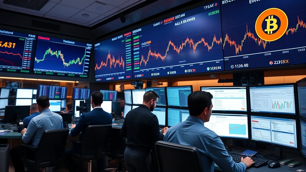 Cryptocurrency trading floor with multiple monitors showing Bitcoin price movements, traders in business casual clothing, financial data visualizations, professional trading environment